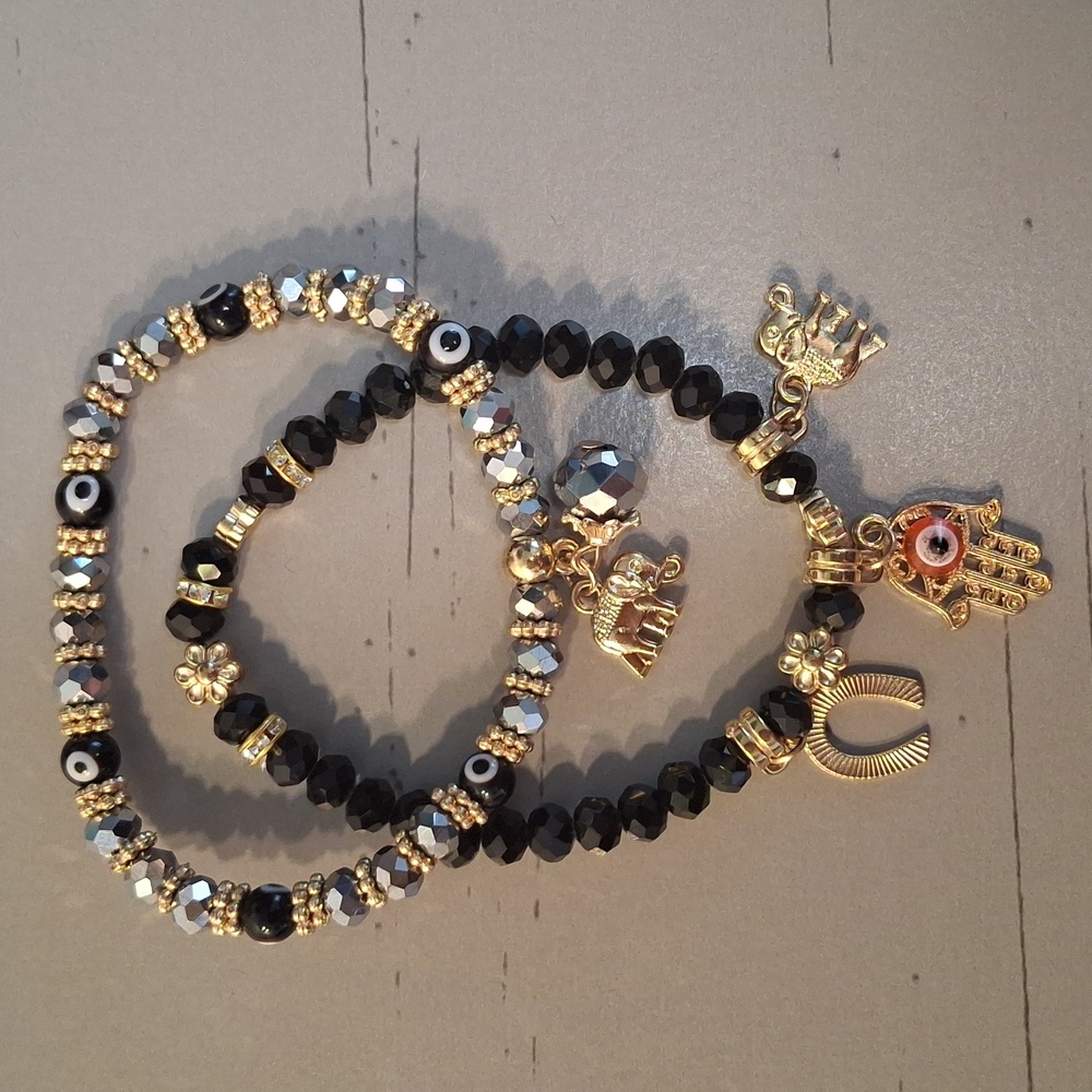 Black & Gold Beaded Bracelets with Charms